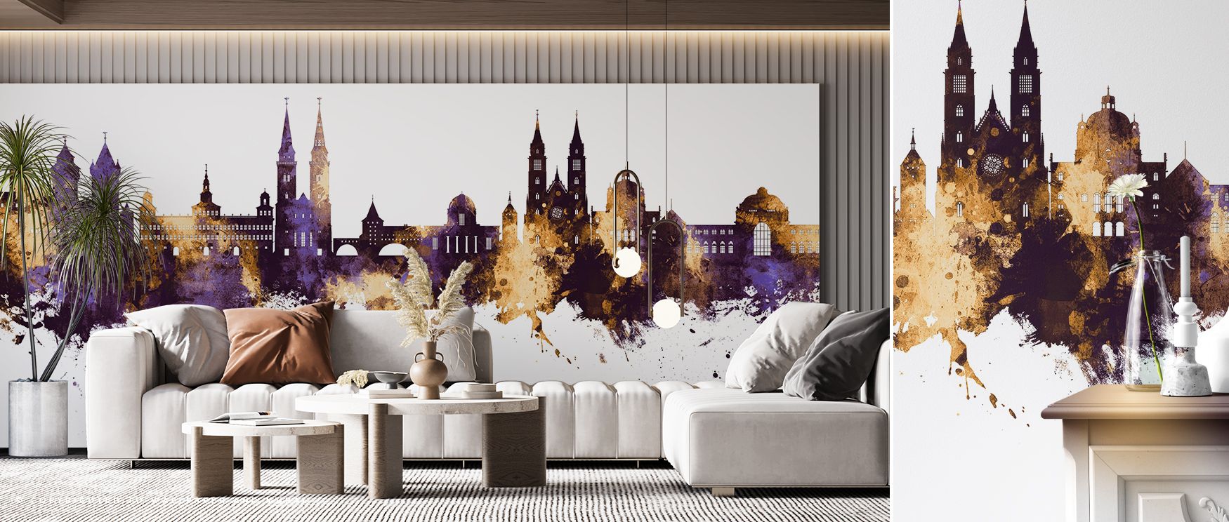 The skyline of Nurnberg emerges in golden silhouettes against purple depth, creating interiors filled with richness and cultural presence, suitable for living rooms or studies where walls require vibrancy and bold decorative artistry that reflects both tr