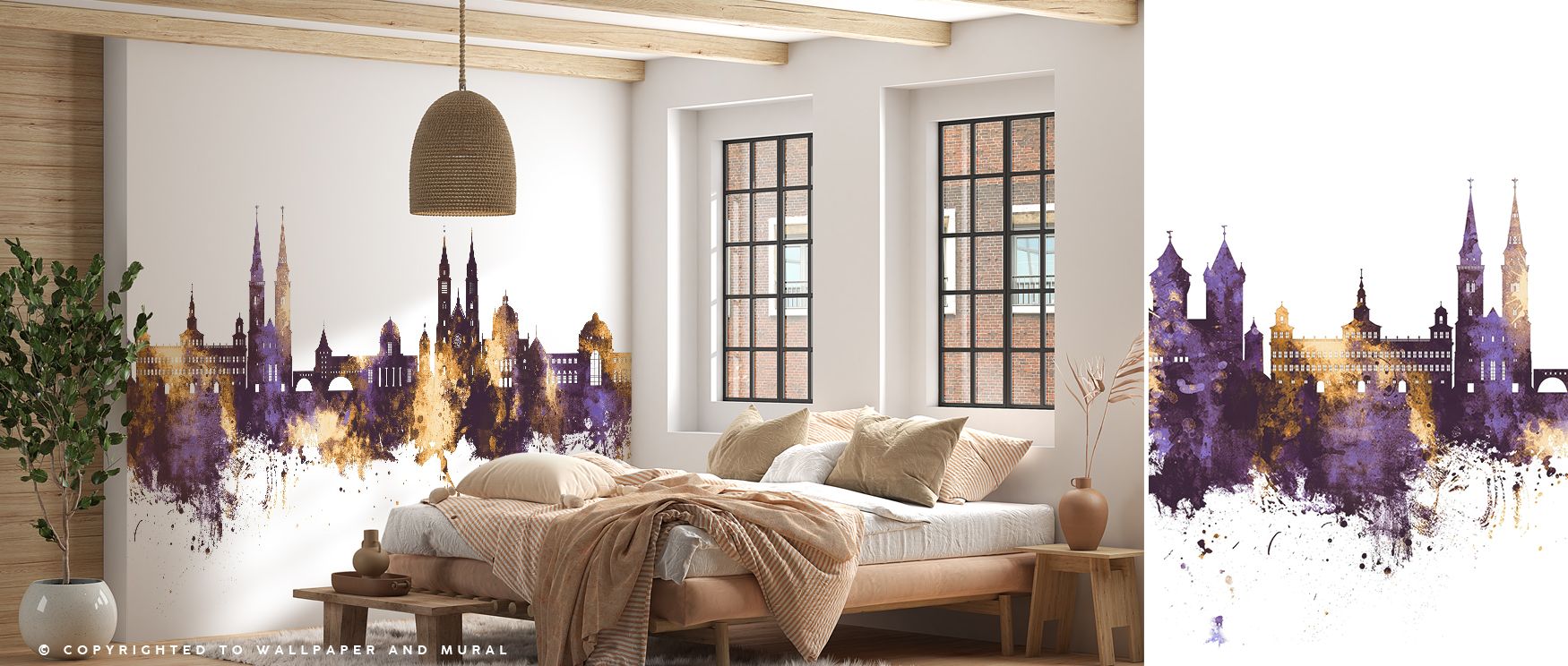 This wallpaper interprets Nurnberg’s skyline in luminous purple and gold, producing interiors filled with elegance and boldness, perfect for bedrooms or living rooms where decorative artistry enriches spaces, offering walls cultural depth and stylish iden