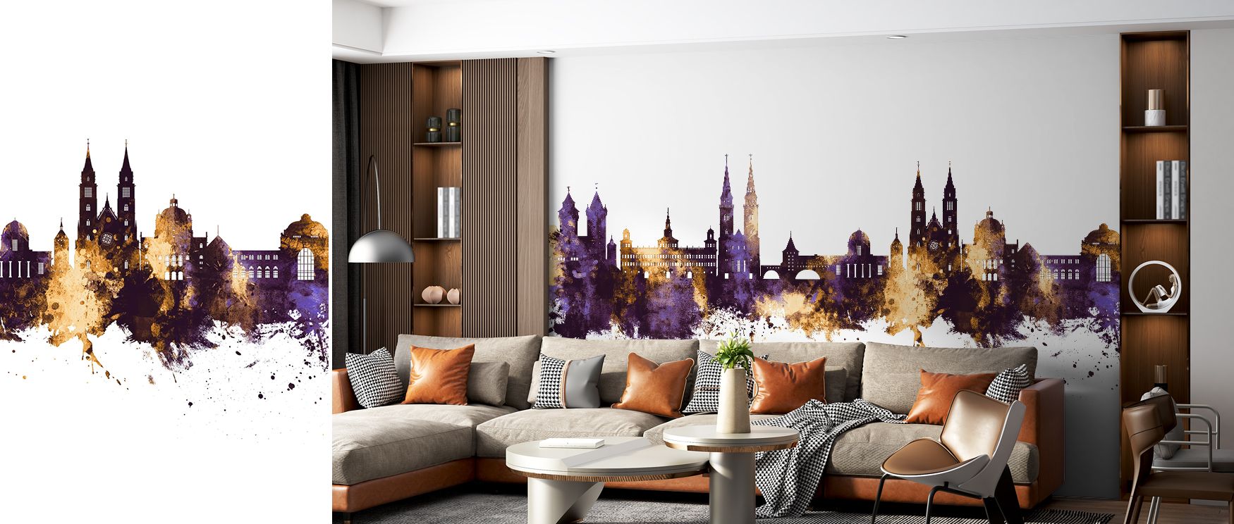 Golden highlights shine atop purple tones, making interiors radiant and cultured, ideal for offices or bedrooms where walls become artistic reflections of heritage, offering strong decorative presence that enhances spaces with cultural refinement and bold