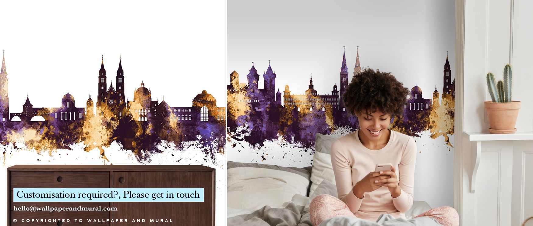 The design highlights Nurnberg’s skyline in radiant purple and gold, producing interiors filled with cultural depth and refinement, perfect for living rooms or offices where heritage and modern artistry merge, offering bold decorative presence and stylish