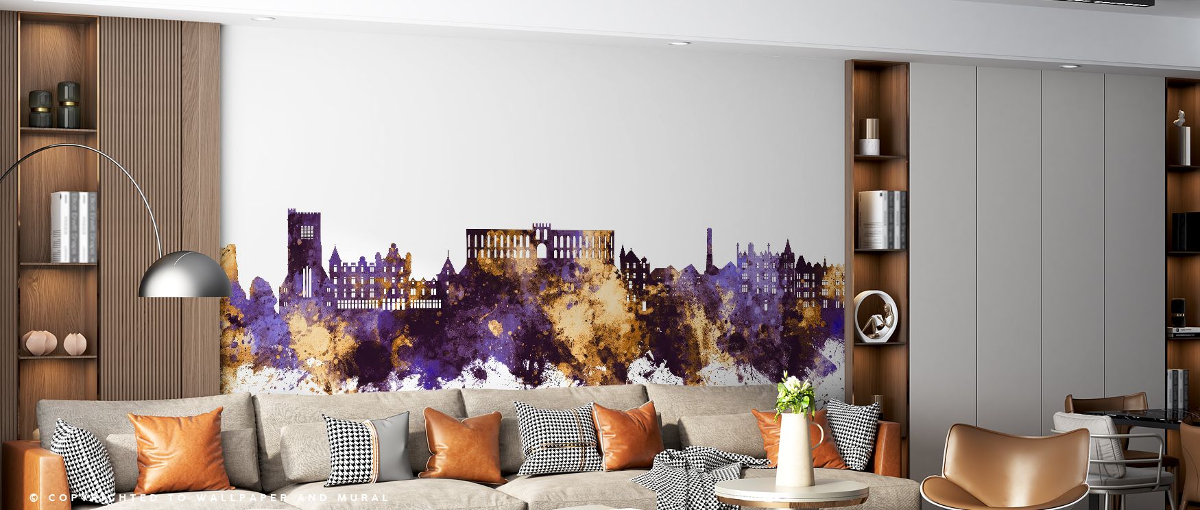 Oban Scotland Skyline Purple & Gold Wallpaper portrays architectural silhouettes in radiant tones, producing interiors filled with cultural refinement, ideal for bedrooms or studies where walls require bold decorative presence, offering heritage pride and