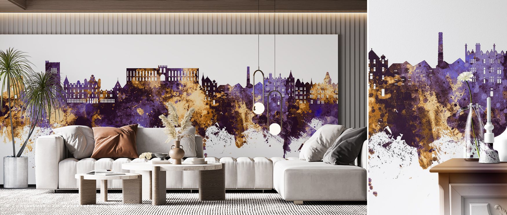 The skyline of Oban emerges in glowing golden silhouettes against purple depth, creating interiors filled with cultural richness and vibrancy, suitable for living rooms or bedrooms where walls gain decorative identity and artistic presence, offering bold 