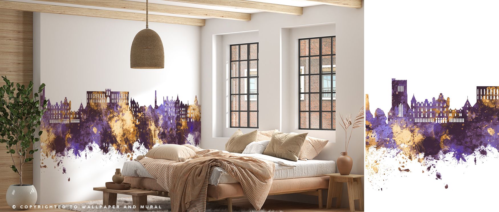 This wallpaper interprets Oban’s skyline in regal purple and gold, producing interiors filled with elegance and cultural presence, perfect for bedrooms or studies where walls require strong decorative impact, offering refined identity and stylish artistry
