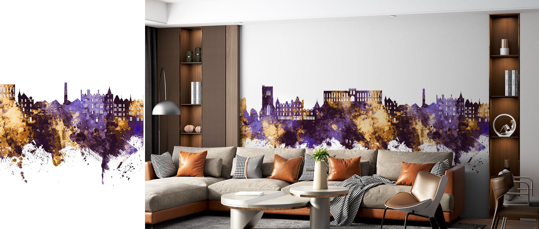 Golden highlights shine against purple tones, making interiors radiant and cultured, suitable for offices or bedrooms where walls become artistic reflections of heritage pride, offering strong decorative identity and refined artistry naturally expressed i