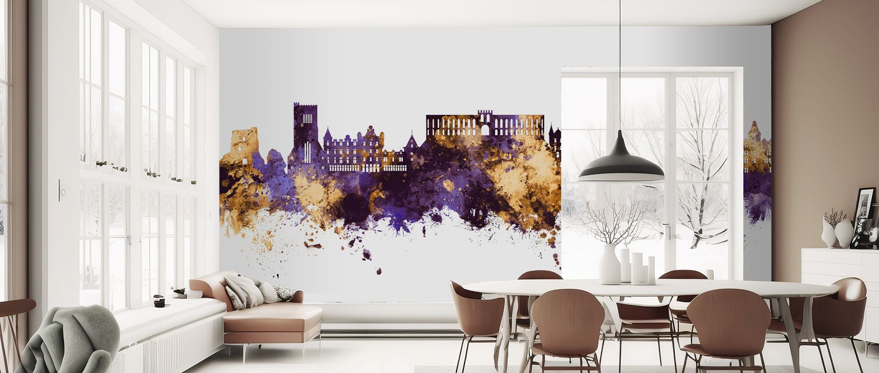 The design highlights Oban’s skyline in radiant tones of purple and gold, producing interiors filled with vibrancy and cultural refinement, perfect for bedrooms or offices where walls gain artistic presence and decorative balance, offering bold cultural i
