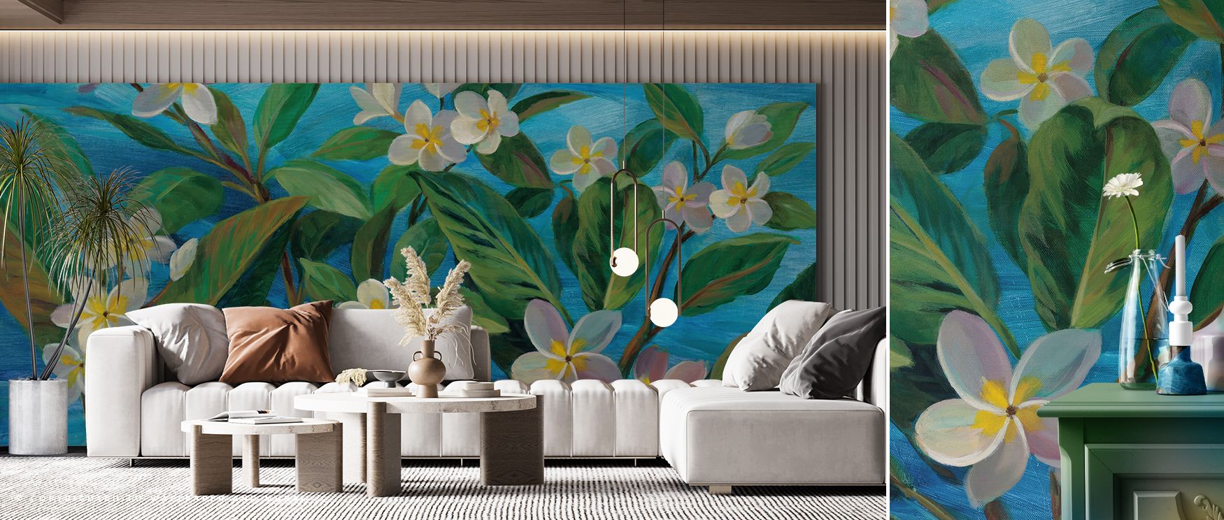 This wallpaper interprets plumeria blossoms in lush layers, producing interiors filled with balance and calm, perfect for offices or bedrooms where natural artistry enhances atmosphere, offering walls decorative presence that blends tropical charm with ti