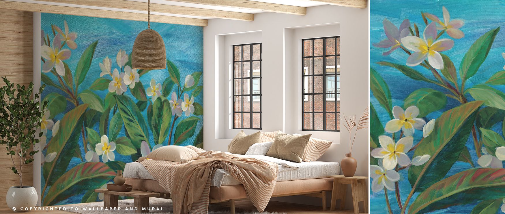 Floral detail emerges in vibrant plumeria imagery, producing interiors filled with tranquility and refinement, ideal for living rooms or bedrooms where walls become fresh reflections of nature, offering decorative artistry that balances calm and vibrancy 