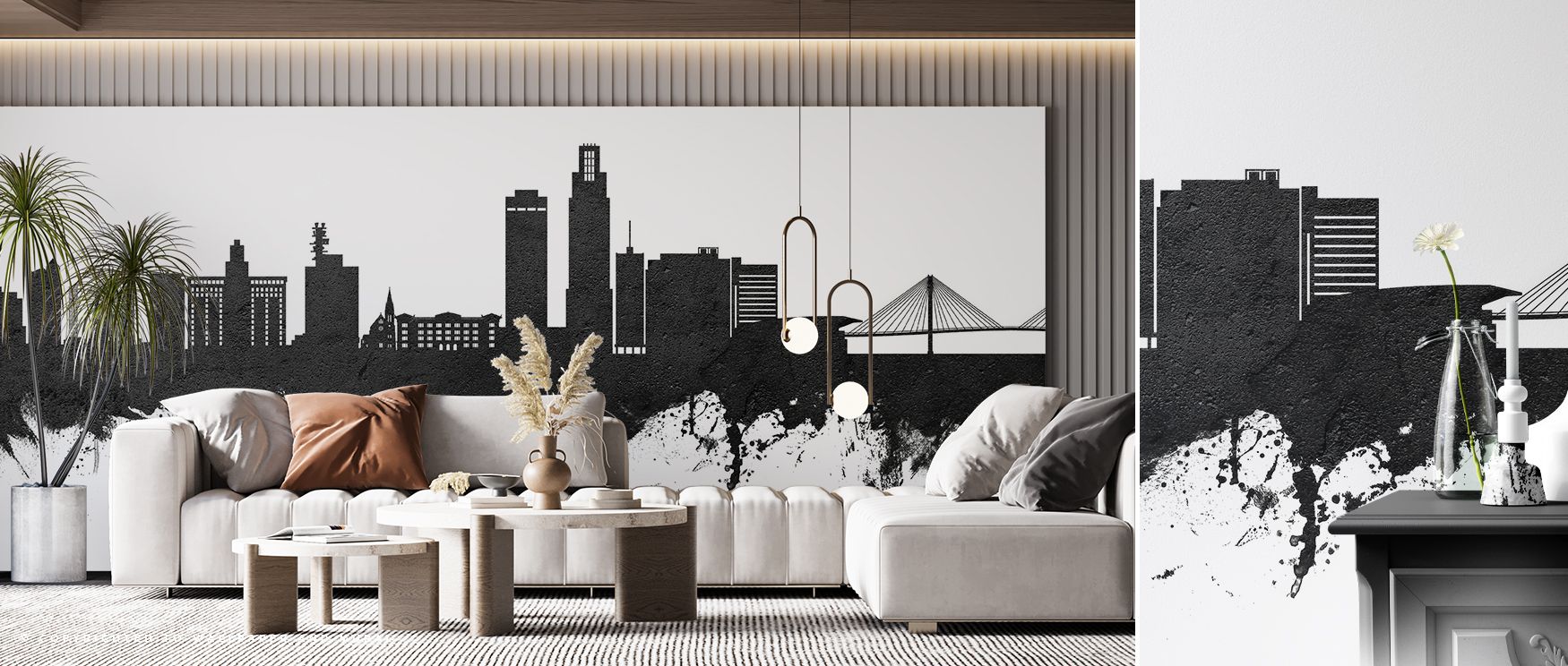 The skyline of Omaha emerges in striking black and white, creating interiors filled with balance and sophistication, suitable for offices or living rooms where walls require strong decorative presence, offering cultural identity and artistic refinement na