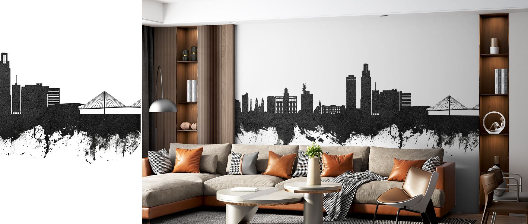 Sharp silhouettes highlight Omaha’s skyline in dramatic imagery, creating interiors filled with cultured refinement, suitable for studies or bedrooms where decorative artistry enhances mood, offering walls bold presence and Nebraskan charm expressed throu