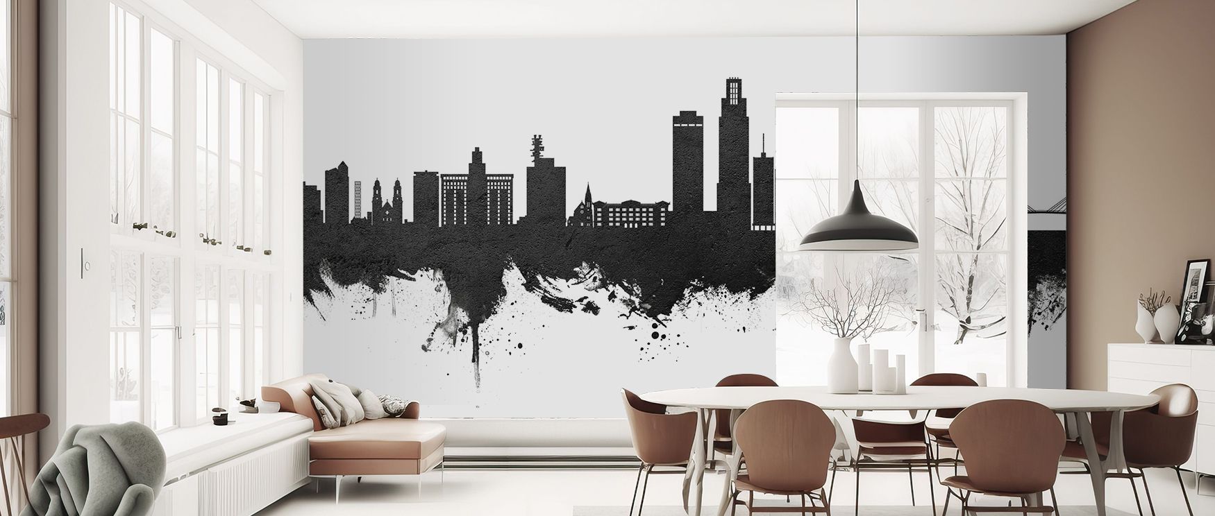 Omaha Nebraska Skyline Black & White Wallpaper enriches interiors with dramatic contrast, producing walls filled with cultural charm, suitable for offices or studies where heritage presence enhances design, offering bold decorative identity and stylish ar