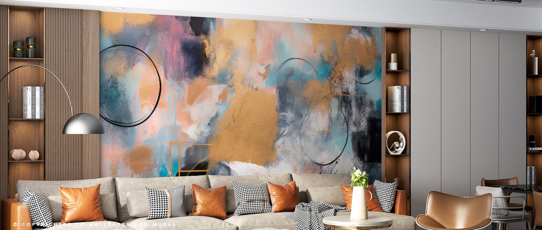 Opening Night Abstract Wallpaper radiates bold contrasts with layered forms, creating a striking centerpiece that adds vibrancy and character to a living room or office. Its dynamic abstract style captures modern elegance while transforming any wall into 