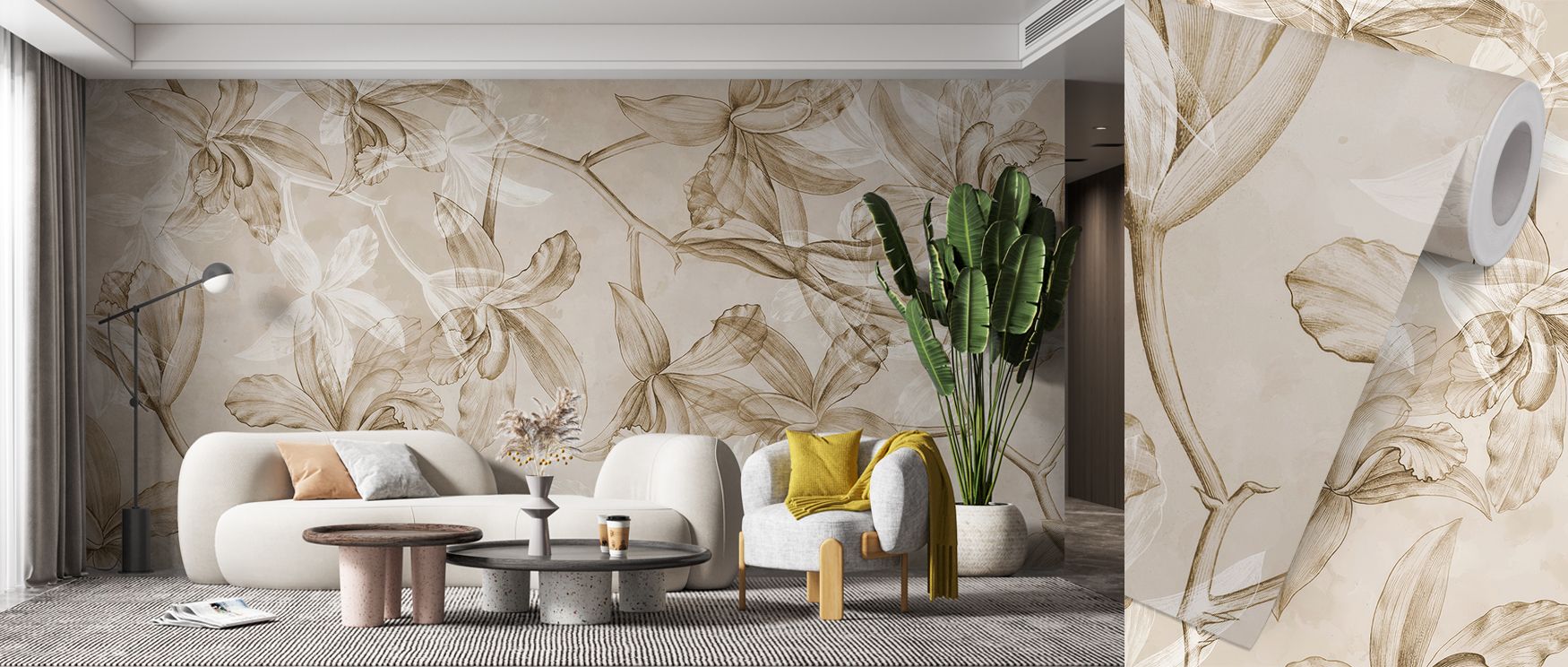 This wallpaper captures the gentle rhythm of orchids reflected on water, bringing meditative energy into interiors. Ideal for bedrooms and living rooms, it enhances spaces with peaceful calmness and refined botanical charm, turning walls into restful back