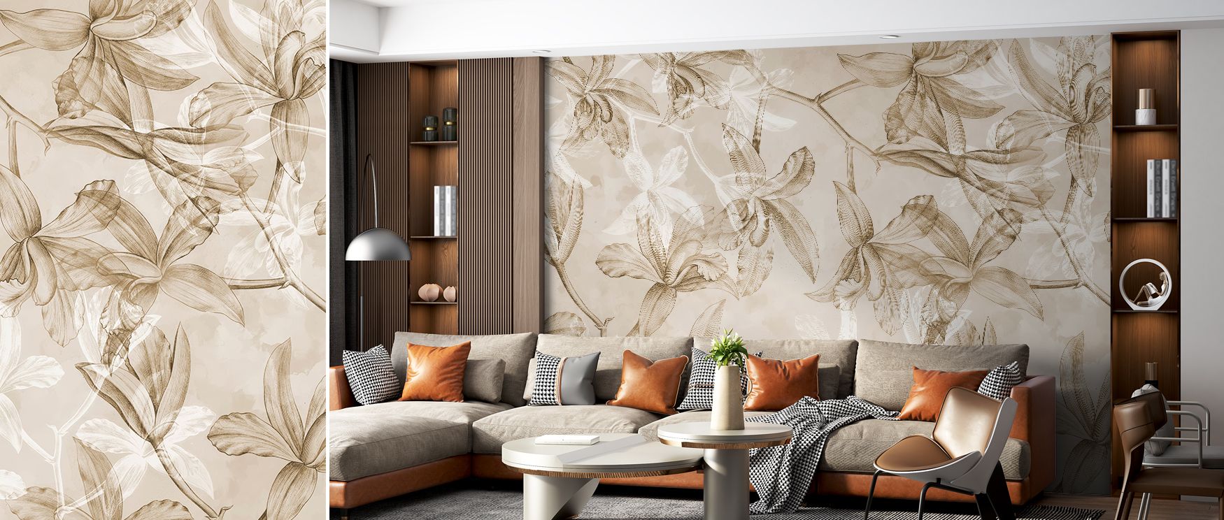 Orchids on Water Floral Wallpaper conveys a peaceful atmosphere by blending orchid blooms with still water reflections. Bedrooms gain meditative elegance, living rooms a calm inviting tone, and workspaces inspiration, turning interiors into havens of soot