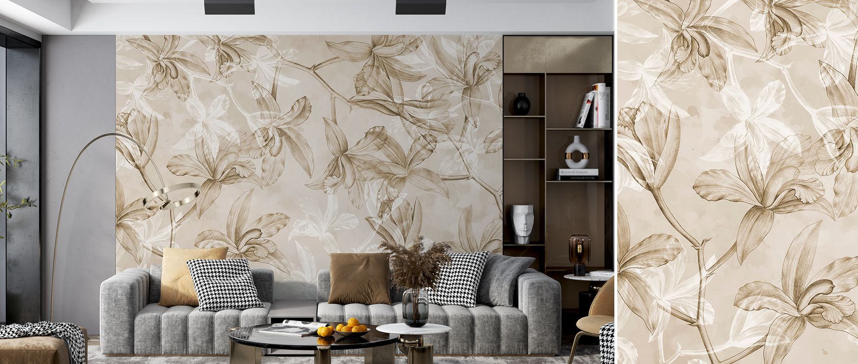 Orchids on Water Floral Wallpaper brings together delicate blossoms and reflective surfaces, offering interiors soothing balance. Living rooms gain subtle sophistication, bedrooms a calming retreat, and offices creative focus, as its design fills walls wi