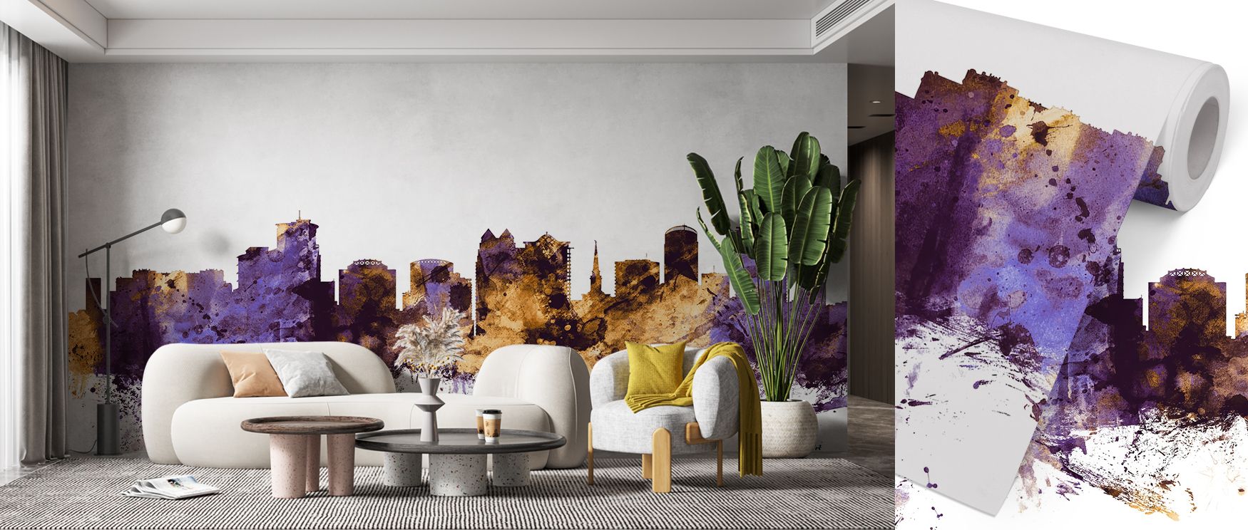 Orlando Florida Skyline Purple & Gold Wallpaper combines architectural form with radiant tones, enriching bedrooms and living rooms with vibrant sophistication. It offers strong urban identity while blending effortlessly with both contemporary and classic