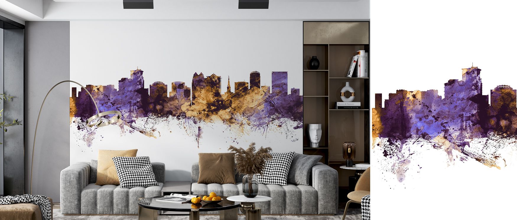 A modern wallpaper design showcasing Orlando’s skyline, this piece highlights purple and gold contrasts that suit living rooms, bedrooms, and offices with sophistication. 