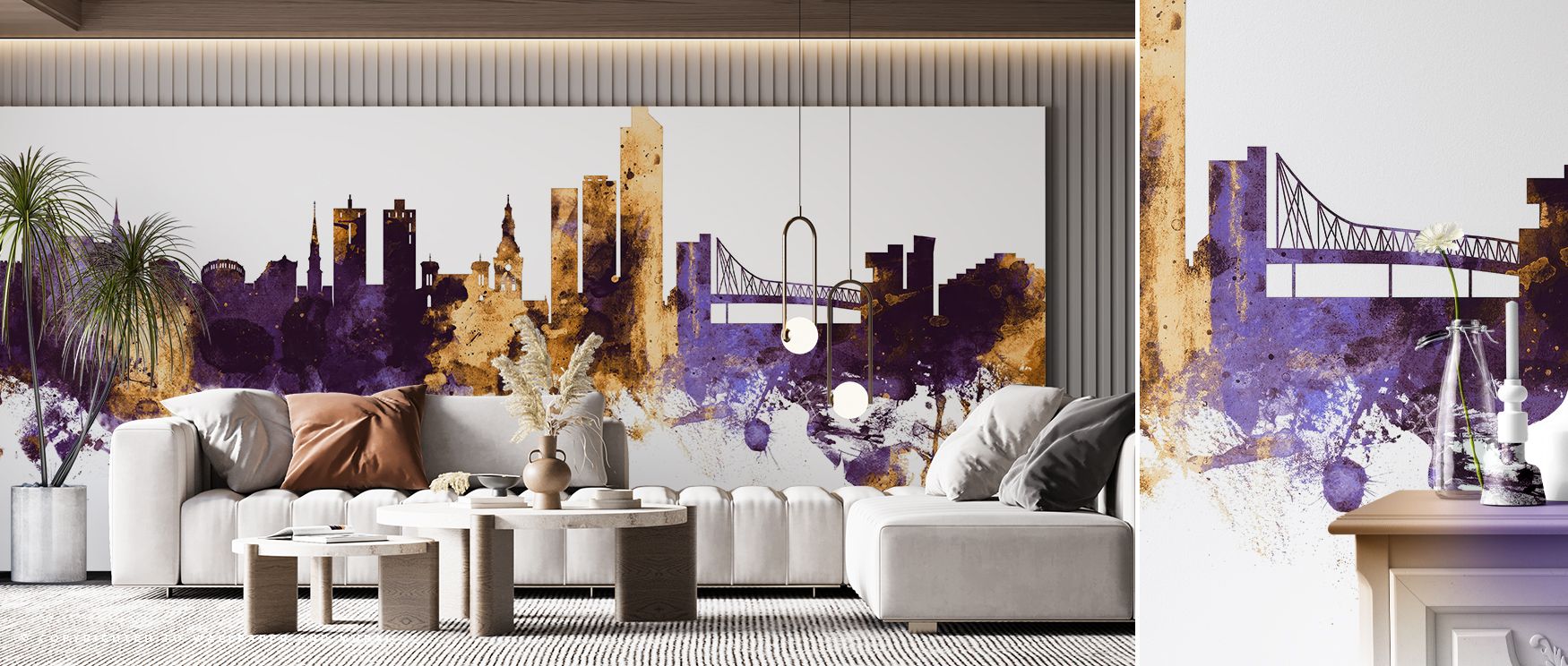 The dramatic purple backdrop contrasts beautifully with shimmering golden details, giving interiors a regal mood. Perfect for bedrooms and offices, it adds sophistication while maintaining timeless European artistry that inspires. 