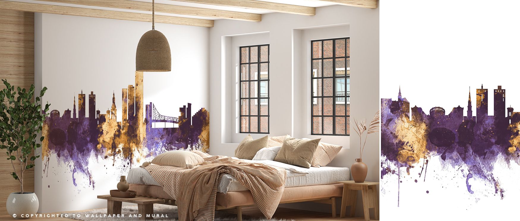 Oslo Skyline Purple & Gold Wallpaper captures architectural rhythm with striking tones, creating a strong focal point. Its balanced design blends modern style with cultural heritage, enriching living spaces with individuality and artistic elegance. 