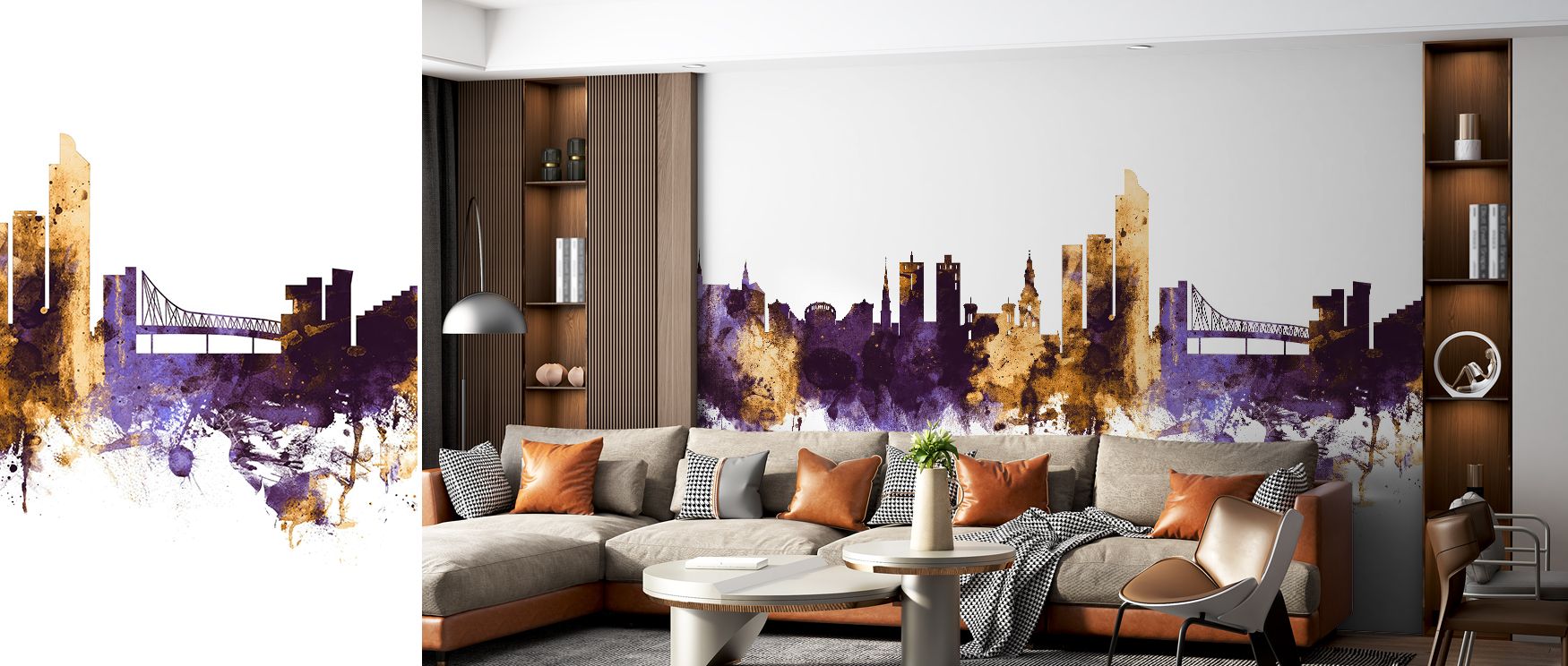 A refined design showcasing Oslo’s skyline, this wallpaper enriches walls with striking purple and gold contrast. Bedrooms gain stylish depth, while living rooms feel more dynamic and contemporary. 