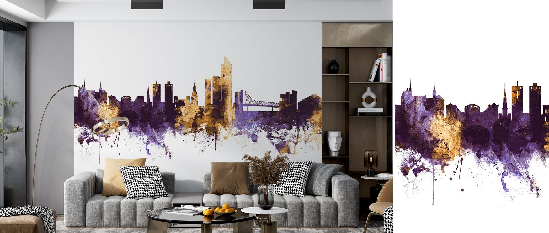 Oslo Skyline Purple & Gold Wallpaper combines bold colors with architectural character, offering interiors a distinctive identity. It creates engaging feature walls filled with sophistication and urban artistry. 