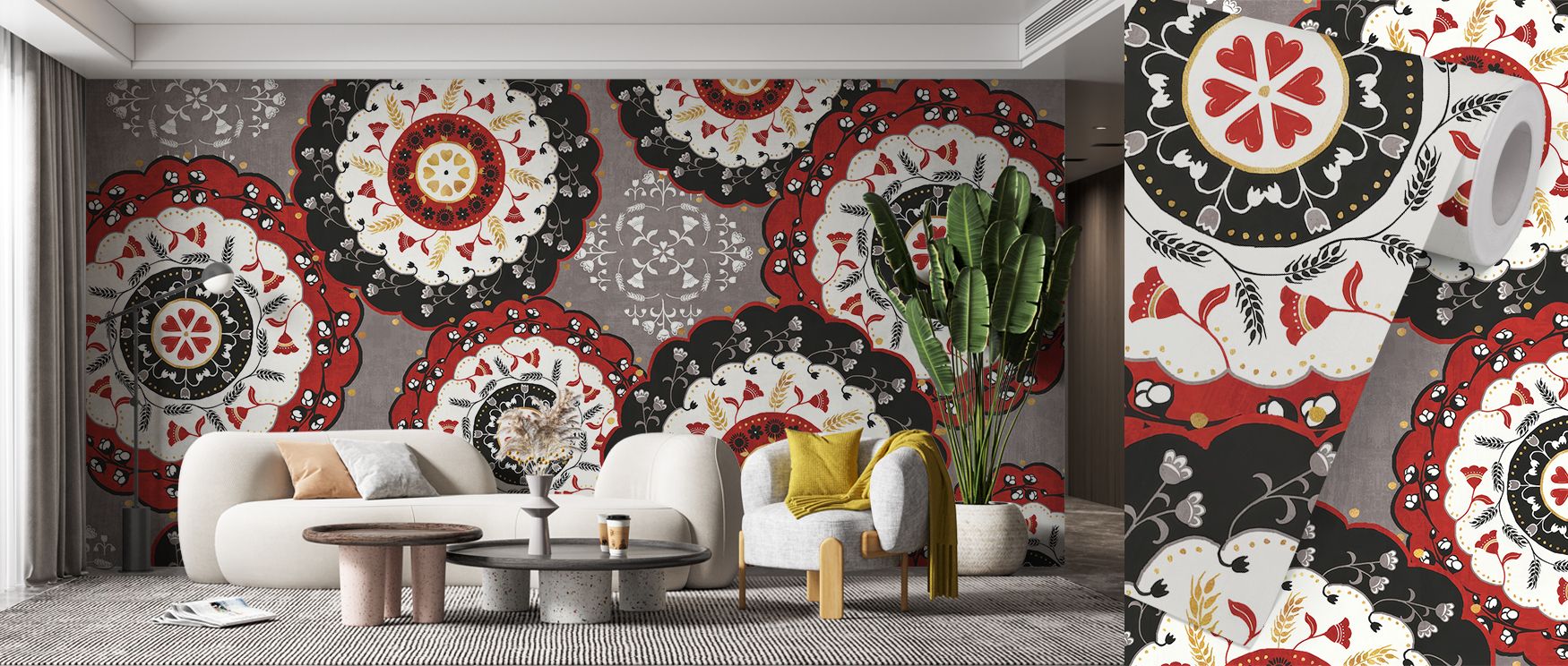 This wallpaper turns walls into artistic stories, where folk patterns of animals and plants create a cultural celebration. Its vibrant tones add energy and character, perfect for bedrooms, offices, or living rooms seeking joyful personality and artistic d