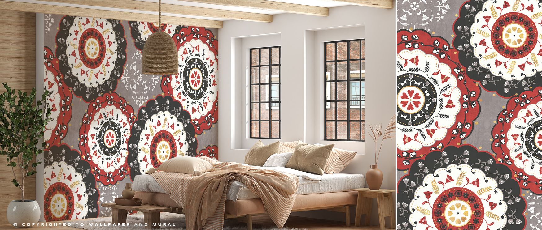Radiant animal and floral motifs define this wallpaper, offering cultural richness and playful charm. Bedrooms feel energized, living rooms feel welcoming, and offices benefit from its colorful artistry that inspires creativity and warmth. 