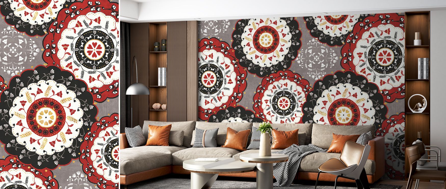 Otomi Farm XV Folk Art Wallpaper captures folk tradition through vivid color and detailed motifs. Its playful rhythm makes interiors lively and expressive, creating cultural pride in bedrooms, living rooms, and offices alike, blending heritage with modern