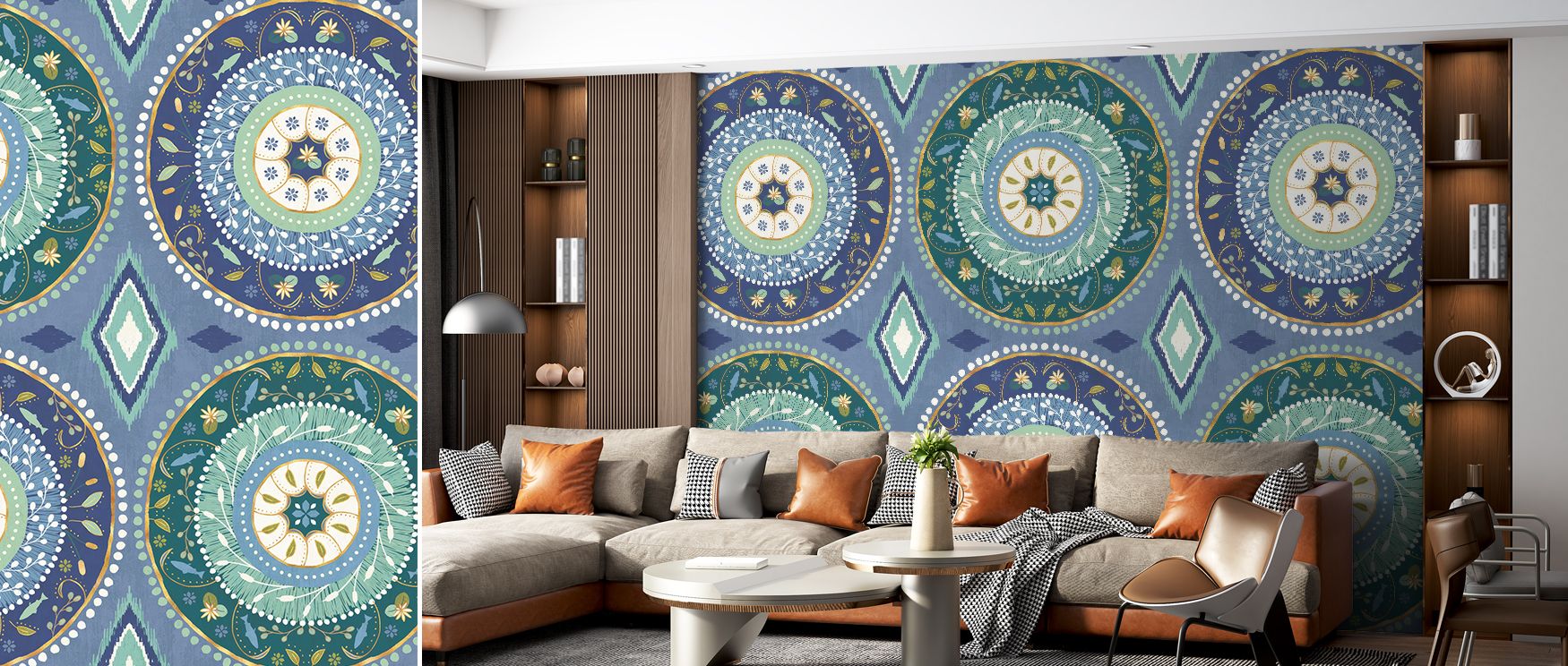 Otomi Lake X Folk Art Wallpaper celebrates heritage through lively colors and intricate patterns. Bedrooms feel energized, living rooms expressive, and offices creative, as its motifs bring cultural artistry to interiors. 