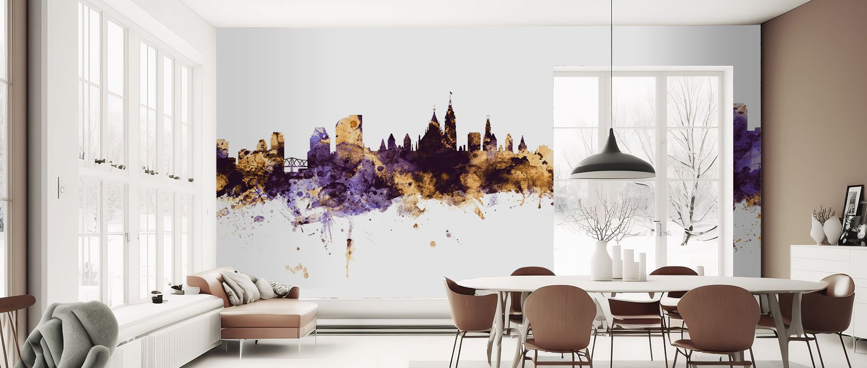 This wallpaper celebrates Ottawa with bold purple and shimmering gold tones, creating striking wall art that elevates interiors. Bedrooms feel enriched with sophistication, living rooms gain cultural character, and offices achieve creative focus, ensuring