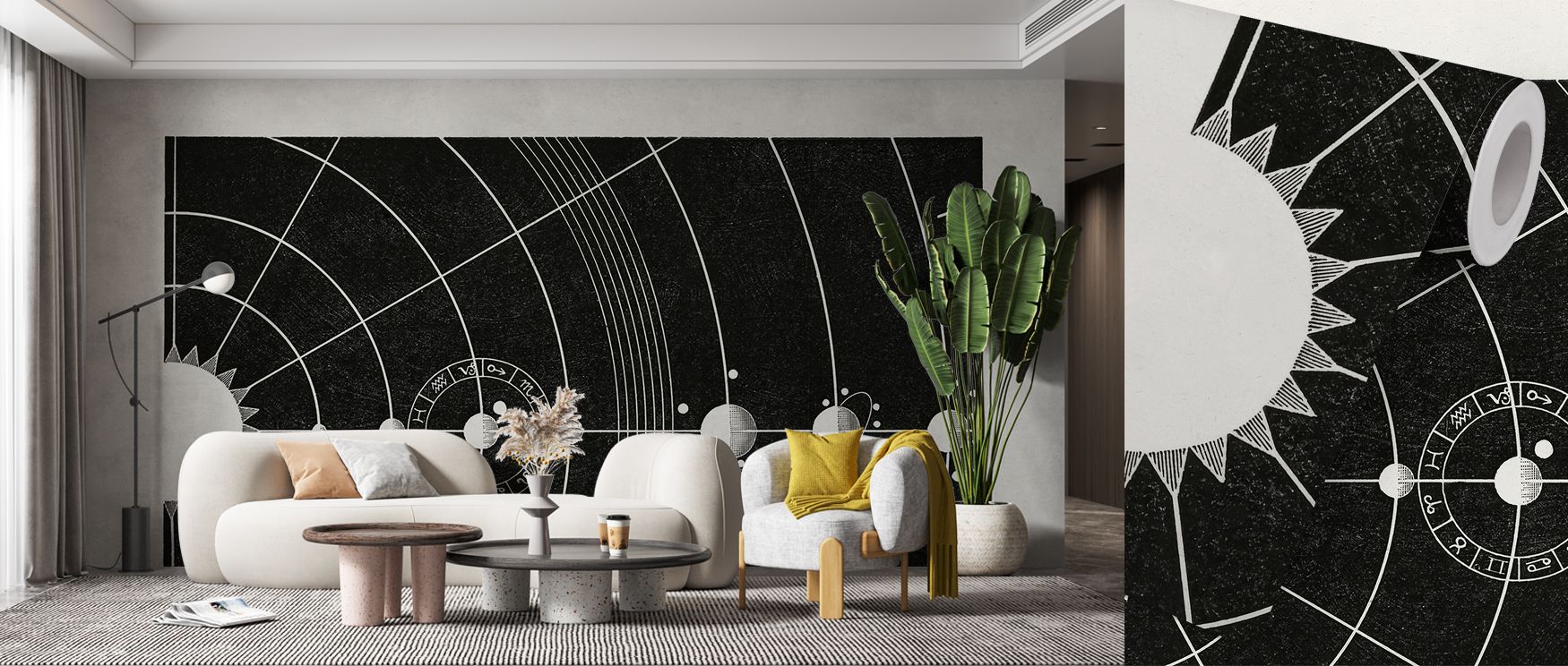 This wallpaper uses zodiac motifs to bring cosmic energy into interiors, offering subtle shimmer and balanced design. Bedrooms gain serenity, living rooms intrigue, and offices imaginative charm, as the constellations inspire both mindfulness and curiosit
