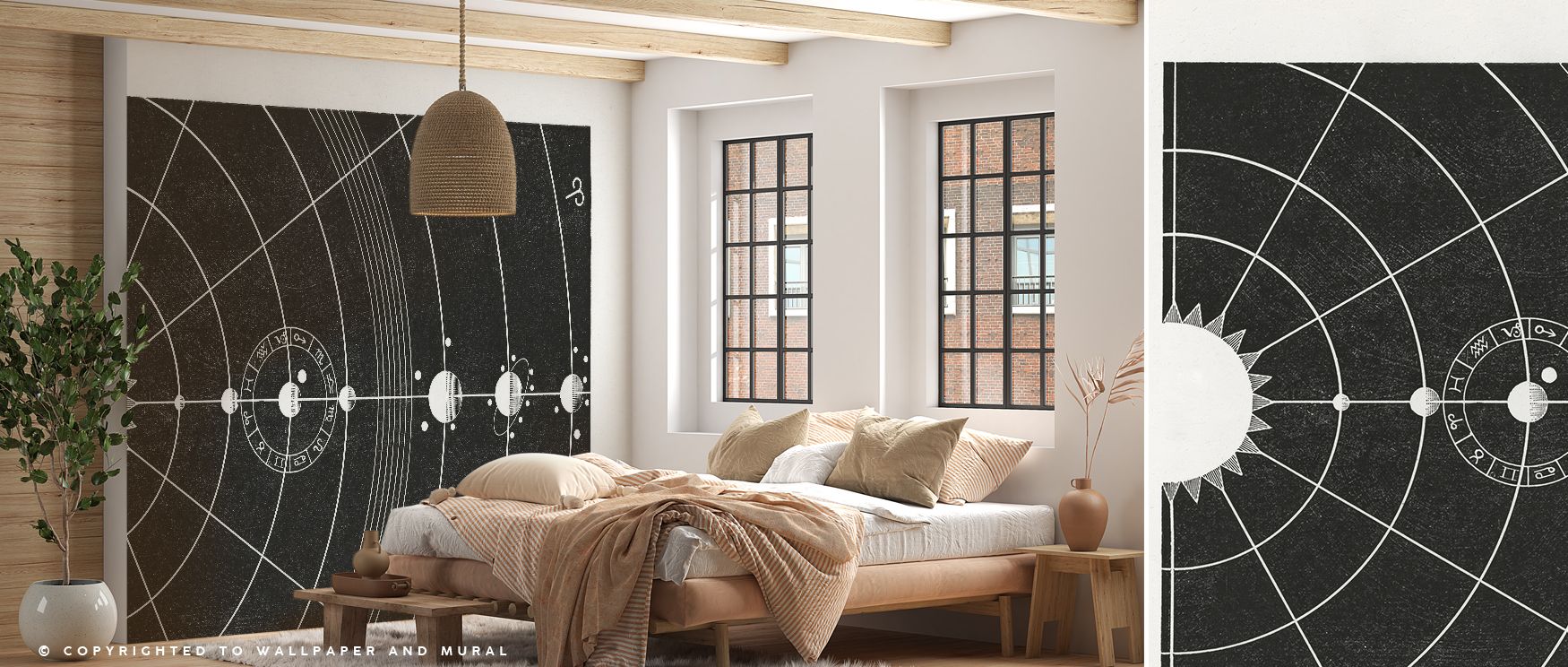 Delicate constellation detailing defines this wallpaper, creating a cosmic aura in interiors. Bedrooms feel like tranquil sanctuaries, living rooms glow with starry charm, and offices inspire imagination, all enhanced by the timeless beauty of zodiac arti