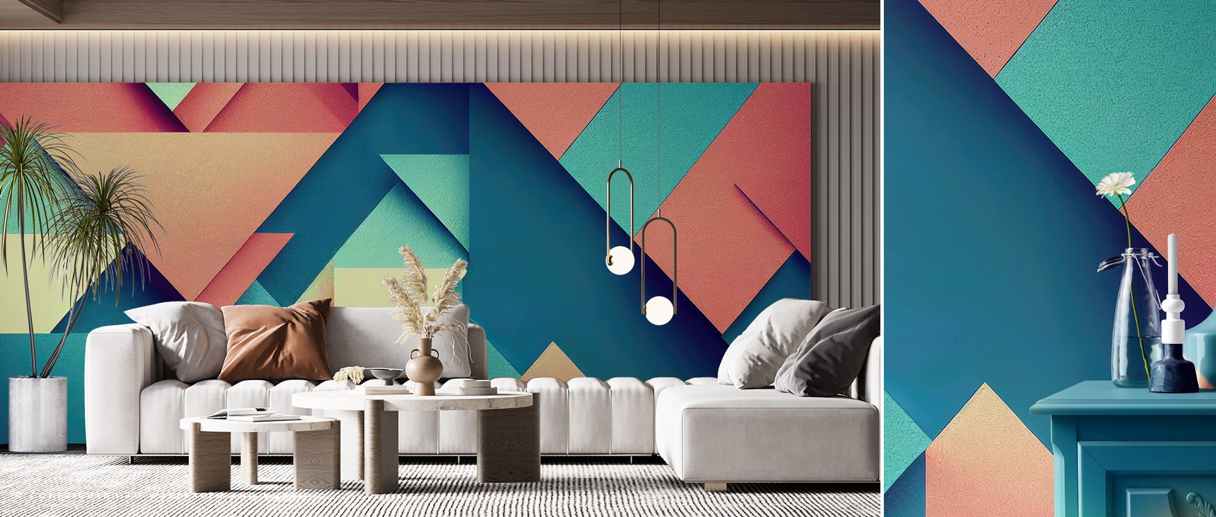 Overlapping Triangles Abstract Wallpaper uses bold shapes to create modern energy. Its rhythm fills bedrooms with creativity, living rooms with sophistication, and offices with artistic focus, transforming ordinary interiors into dynamic environments that
