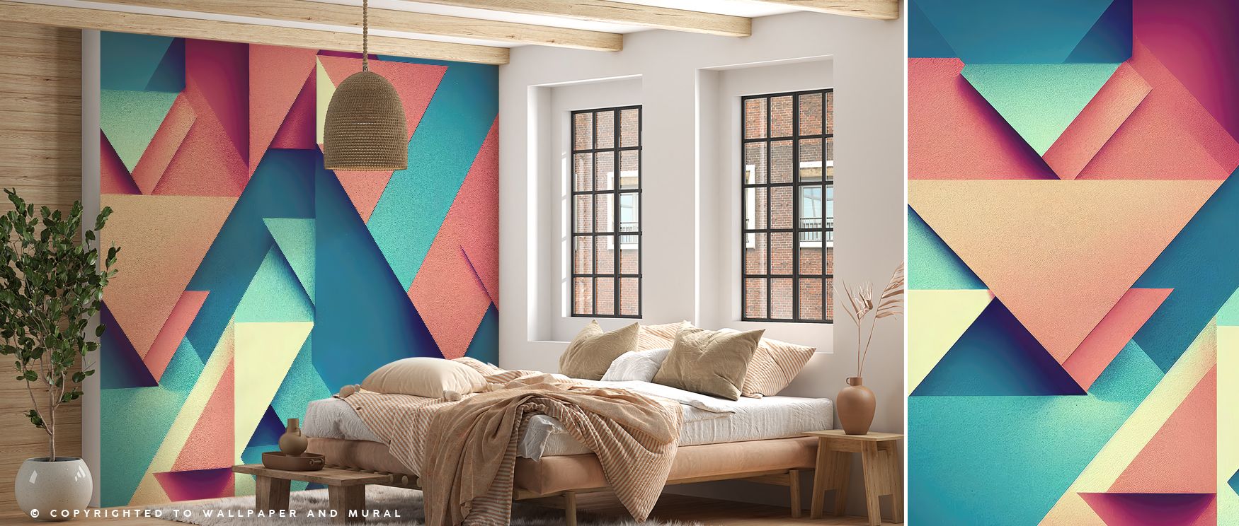 Bold triangular overlaps define this wallpaper, bringing movement and depth into interiors. Bedrooms feel expressive and energized, living rooms enriched with style, and offices inspired by creativity, as the design ensures walls radiate dynamic personali