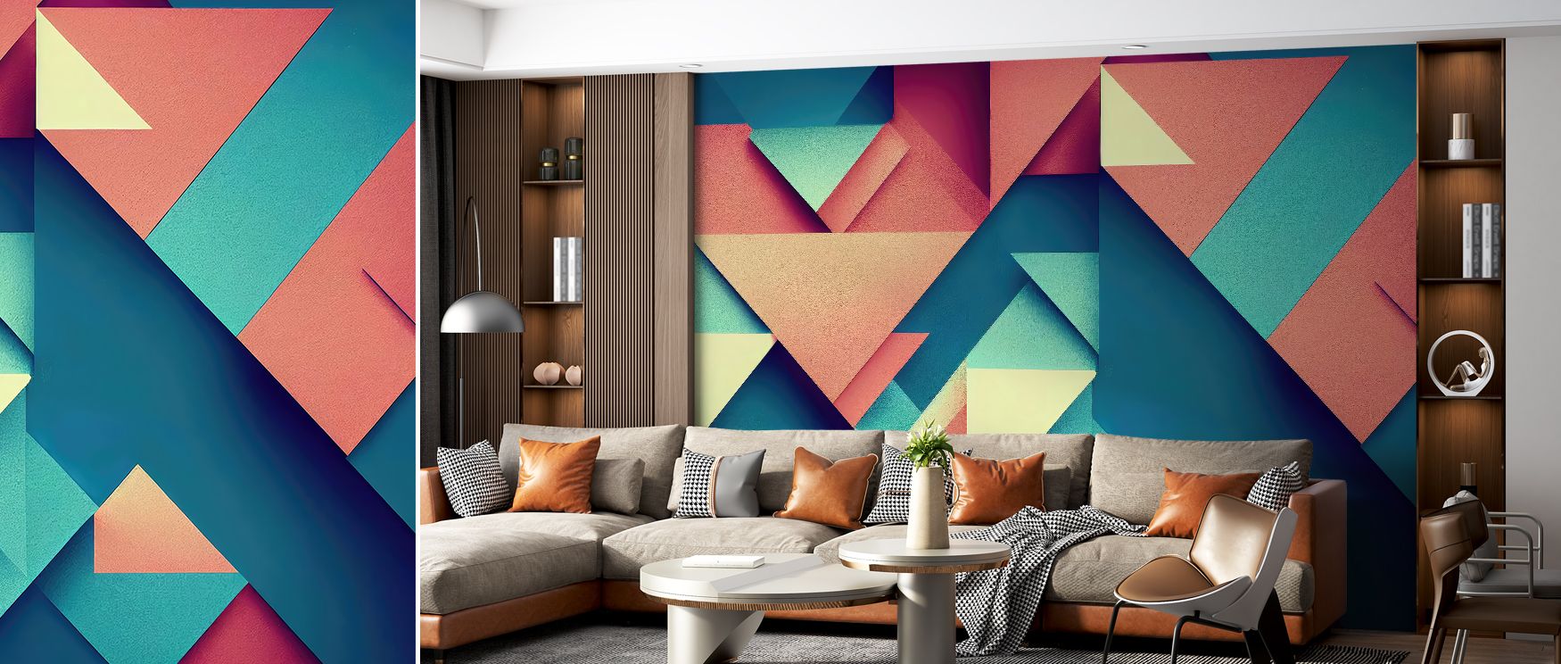 Overlapping Triangles Abstract Wallpaper celebrates geometric artistry, turning interiors into engaging canvases. Bedrooms gain stylish intrigue, living rooms creative vibrancy, and offices refined depth, as its design transforms walls into sophisticated 