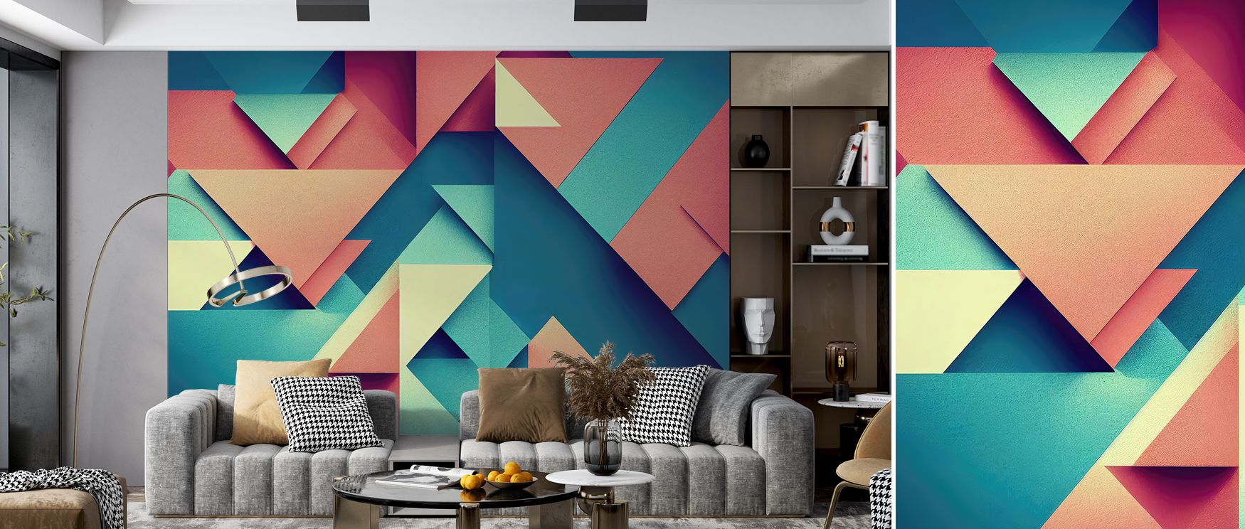Overlapping Triangles Abstract Wallpaper enhances interiors with overlapping forms that create visual intrigue. Bedrooms gain lively charm, living rooms expressive balance, and offices sophistication, as the geometric rhythm transforms walls into creative