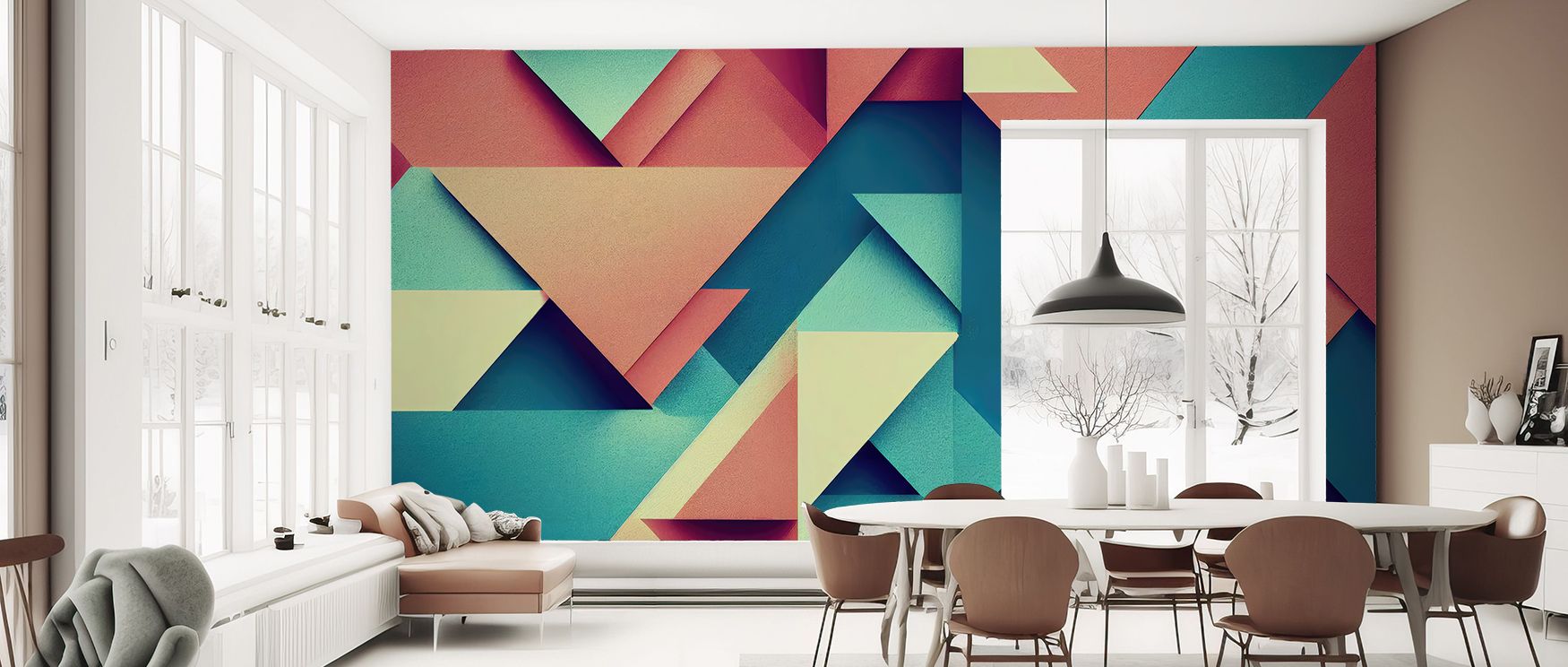 With layered triangular motifs, this wallpaper provides visual rhythm and balance. Bedrooms feel expressive, living rooms dynamic, and offices creative, as its bold abstract energy ensures interiors remain artistic, engaging, and refined with a strong sen