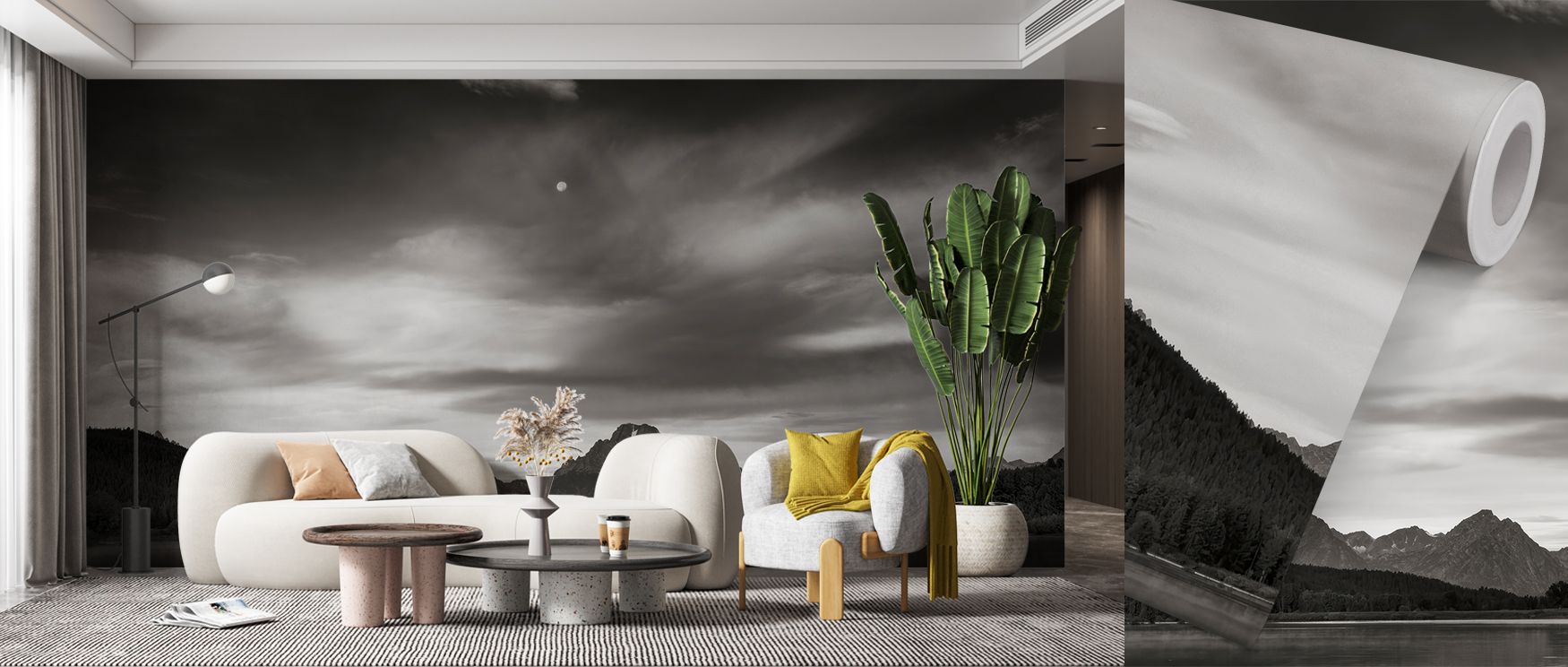 This wallpaper features scenic detailing that captures soft reflections and horizon views. Its calming tones add depth and sophistication to interiors, transforming bedrooms into restful sanctuaries, living rooms into welcoming spaces, and offices into cr