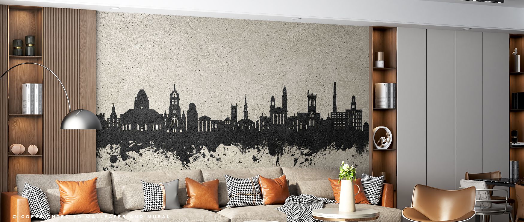 Paisley Skyline Concrete Wallpaper celebrates Scottish heritage with architectural rhythm and bold detailing. Bedrooms gain sophistication, living rooms cultural depth, and offices refined focus, as its design transforms walls into expressions of place an