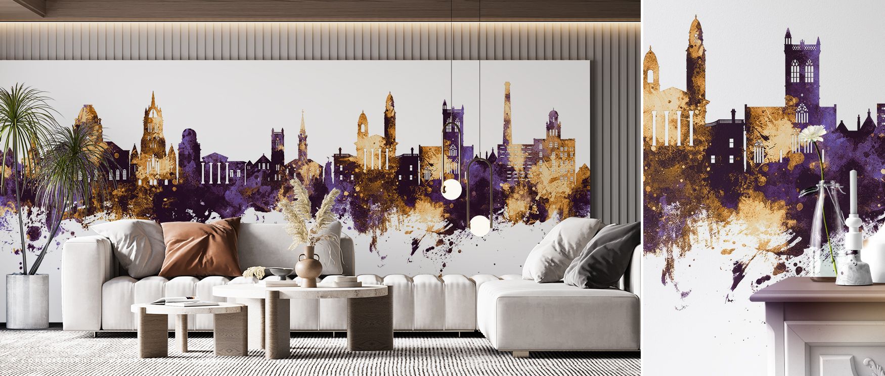 This wallpaper celebrates Paisley’s skyline with bold purple and golden highlights that shimmer across interiors. Bedrooms achieve refined depth, living rooms dynamic personality, and offices cultural inspiration, as its imagery ensures walls remain expre