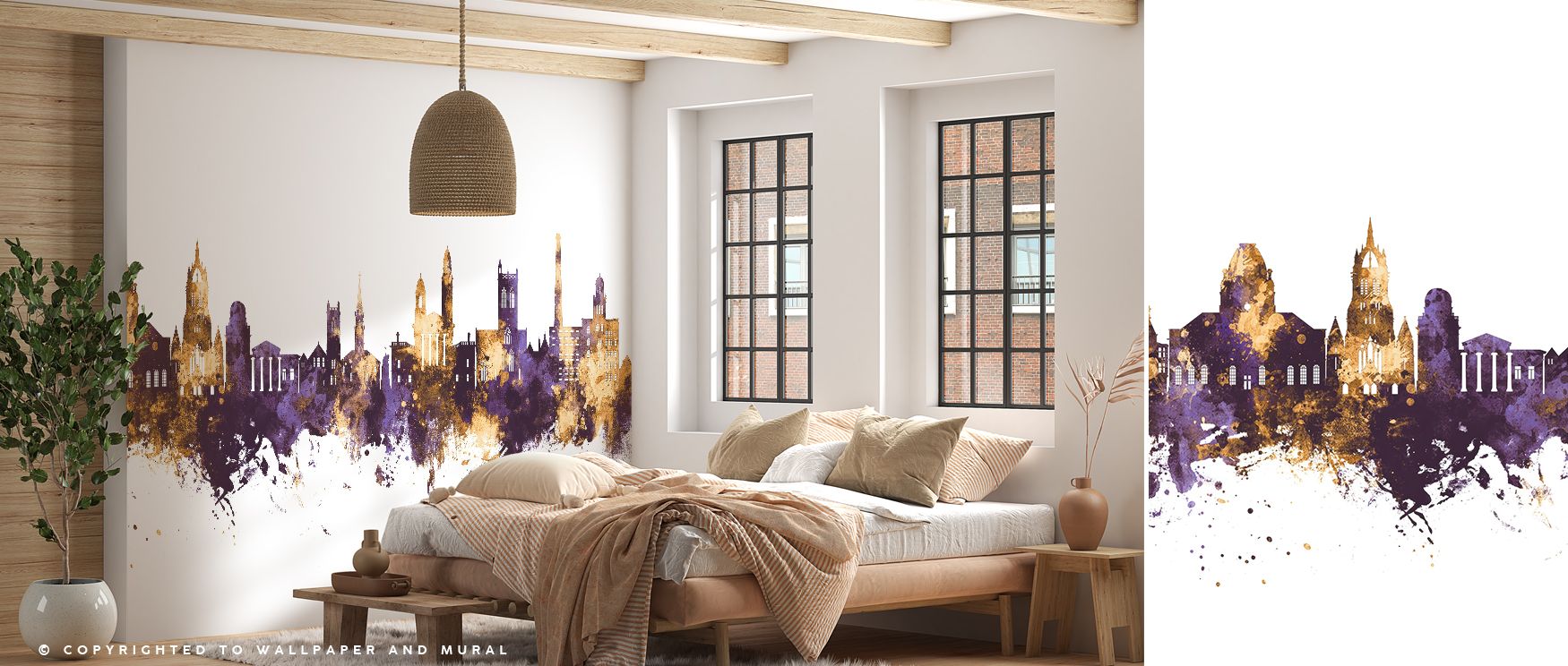 Paisley Skyline Purple & Gold Wallpaper captures architectural rhythm in luminous colors, enriching interiors with heritage and pride. Bedrooms gain warmth, living rooms vibrancy, and offices refined focus, as its radiant imagery transforms spaces into cu