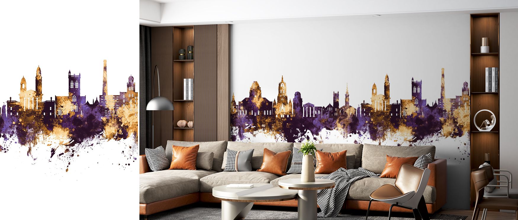 Featuring bold tones, this wallpaper highlights Paisley’s skyline with sophistication. Bedrooms feel enriched with Scottish heritage, living rooms gain stylish elegance, and offices creative balance, as its design blends cultural identity with radiant art