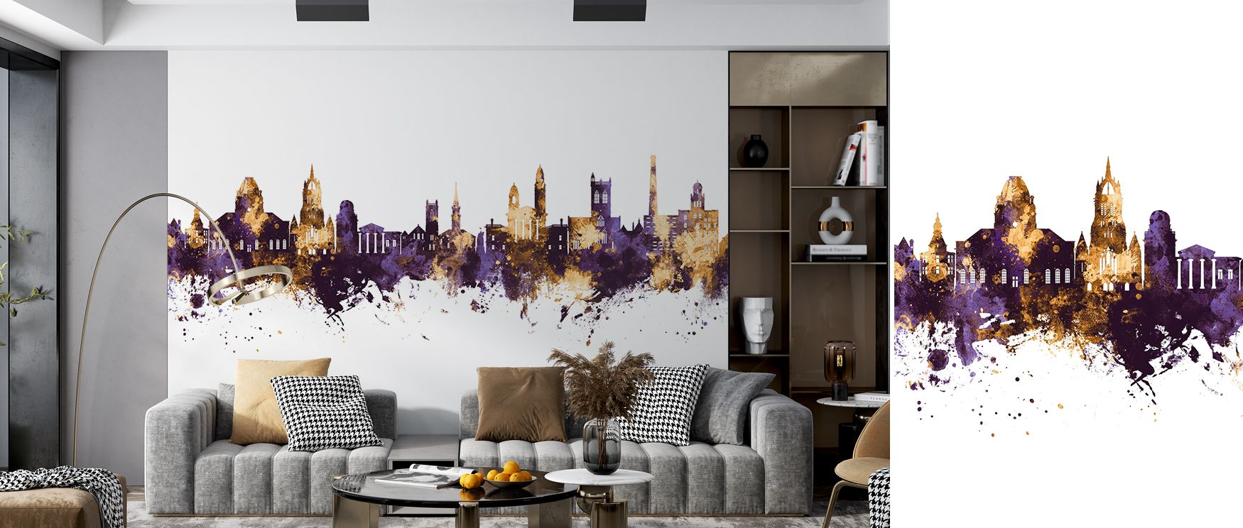 Paisley Skyline Purple & Gold Wallpaper transforms walls into dynamic cityscapes, offering bedrooms warmth, living rooms vibrancy, and offices focus. Its bold purple and shimmering gold tones reflect cultural pride and artistry, ensuring interiors remain 