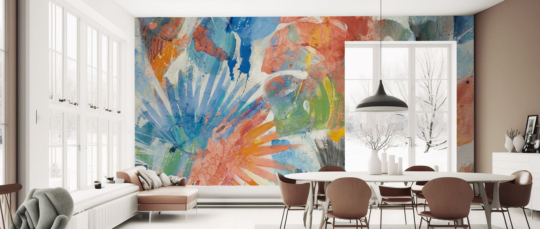 This wallpaper highlights palm-inspired forms with bold abstraction. Bedrooms achieve vibrancy, living rooms dynamic balance, and offices tropical charm, as its imagery enriches interiors with refreshing warmth and artistic expression that ensures walls r