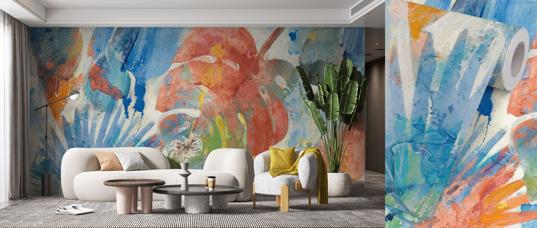 With bold abstract palm motifs, this wallpaper creates expressive balance indoors. Bedrooms gain energy, living rooms warmth, and offices focus, as its imagery ensures interiors feel tropical, stylish, and filled with refreshing artistic charm, turning wa