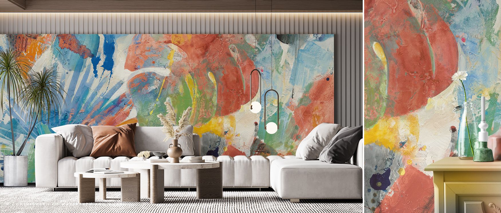 Palm Abstract Bright Botanical Wallpaper celebrates tropical rhythm through abstraction, enriching bedrooms, living rooms, and offices with refreshing warmth. Its bold detailing transforms interiors into lively artistic environments, making walls expressi