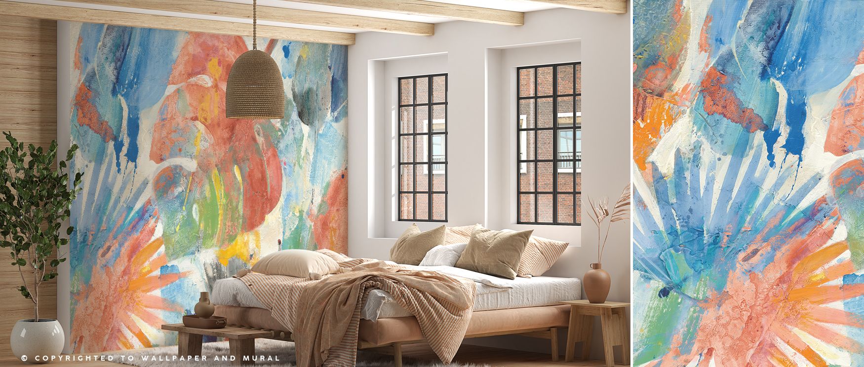 This wallpaper highlights palms in abstract rhythm, enriching bedrooms with tropical character, living rooms with bold warmth, and offices with lively charm. Its design offers artistic vibrancy and refreshing style, ensuring interiors remain expressive, s