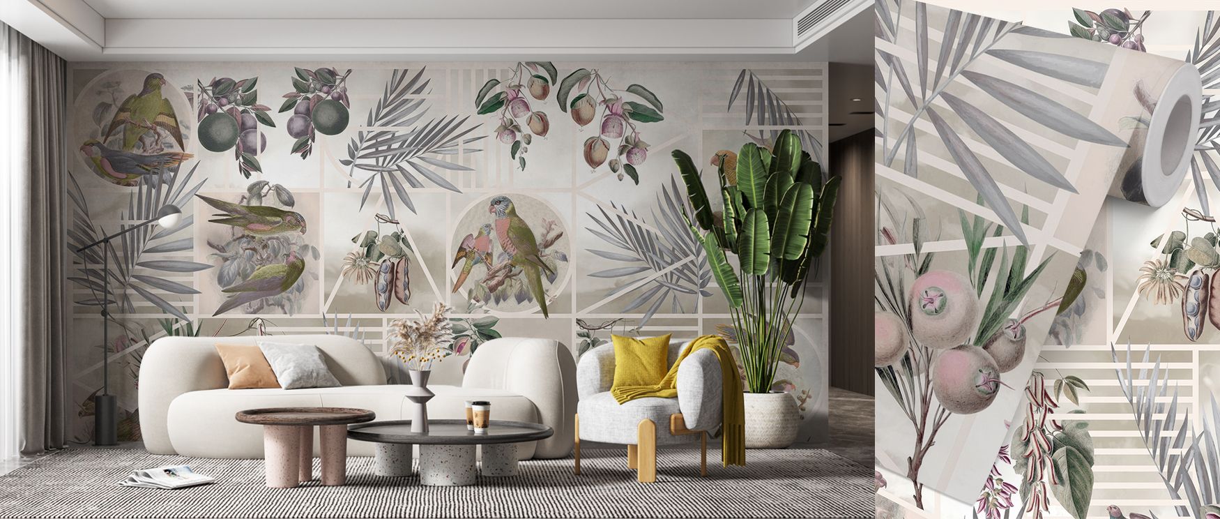 This wallpaper highlights colorful parrots with detailed precision. Bedrooms feel dynamic, living rooms vibrant, and offices imaginative, as its design enriches interiors with lively balance, turning walls into timeless reflections of tropical charm and a