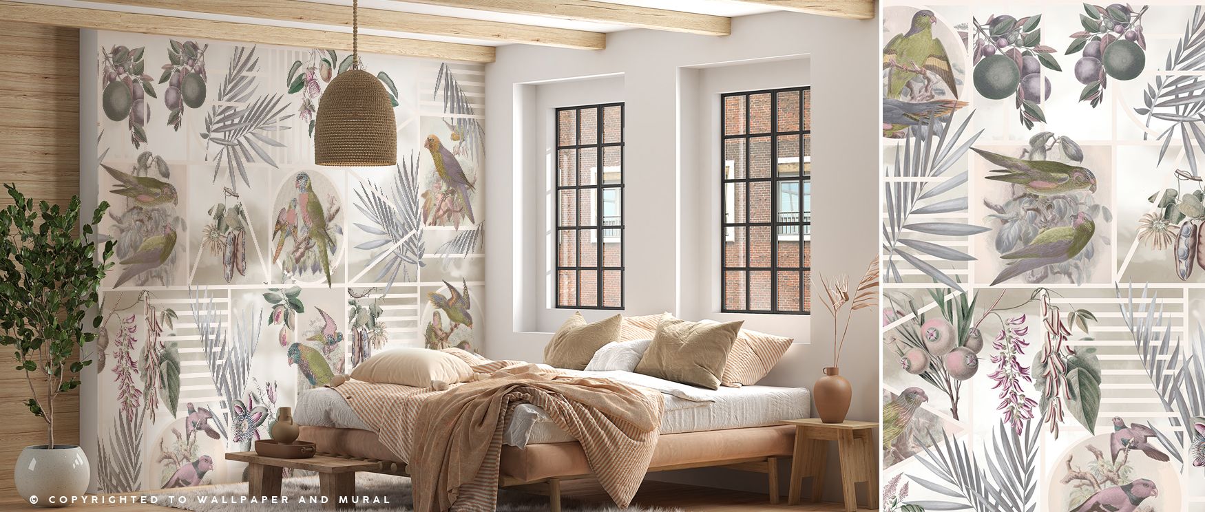 With parrot studies illustrated in detail, this wallpaper brings exotic charm indoors. Bedrooms gain character, living rooms vibrant warmth, and offices lively inspiration, as its imagery creates walls filled with tropical rhythm, ensuring interiors radia