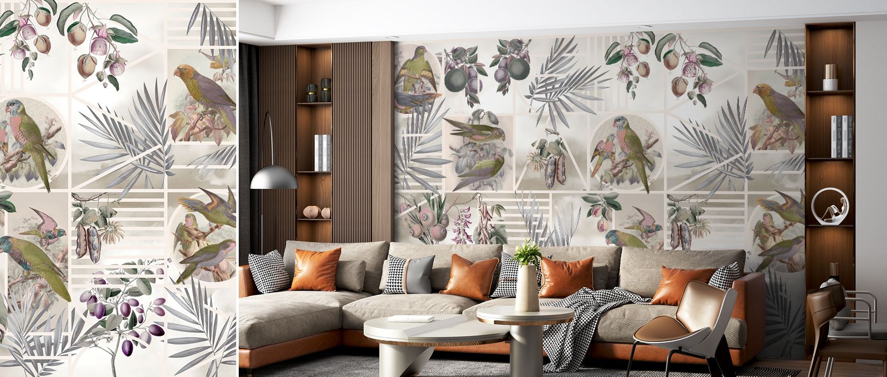 Parrots Study Nature Wallpaper transforms interiors with tropical artistry. Bedrooms become enriched sanctuaries, living rooms vibrant expressions, and offices imaginative retreats, as its colorful detailing ensures spaces reflect natural rhythm, lively s