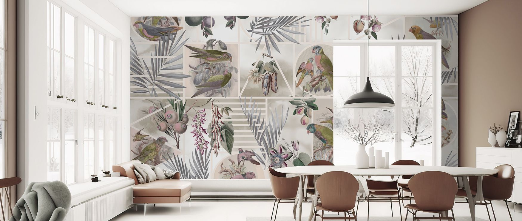 This wallpaper captures parrots with refined artistry, enriching bedrooms with liveliness, living rooms with vibrancy, and offices with creative energy. Its design celebrates tropical rhythm and natural detail, turning walls into artistic canvases filled 
